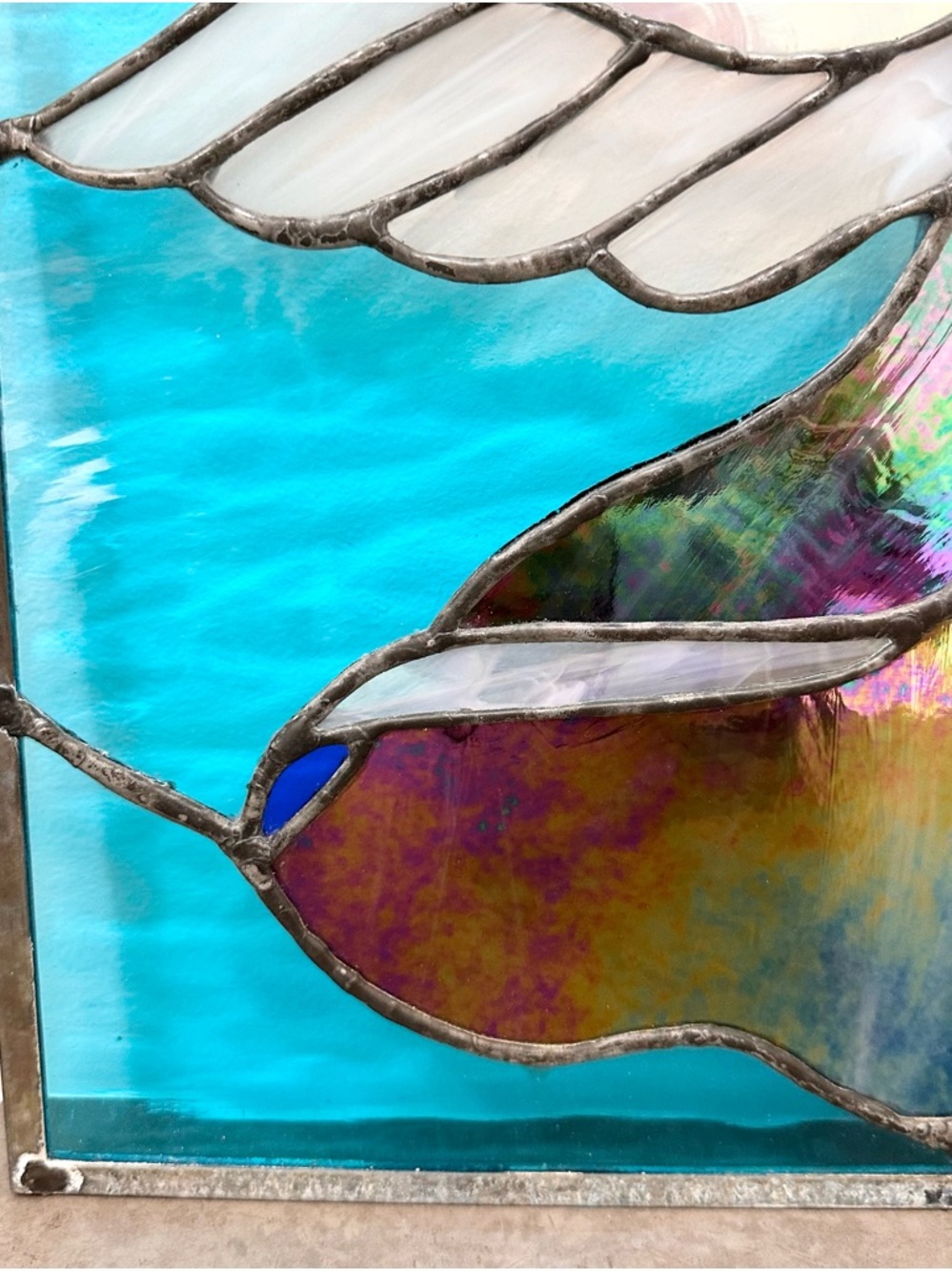 Stained Glass Angel Window Panel in Burgundy, White, Blue, Yellow 19 x 14 inches - Picture 10 of 14